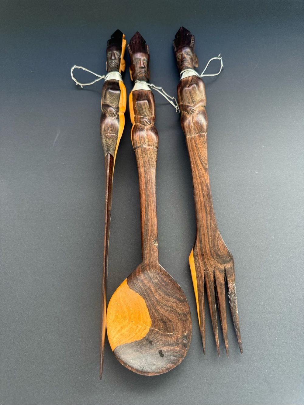 Hand-Carved Wooden Serving Spoon, Fork & Skewer Set - Brown & Natural